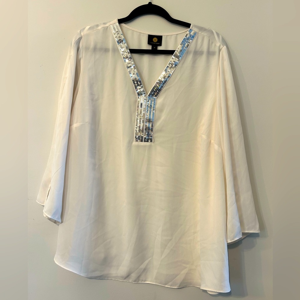 JM Collection Sequined-Trimmed Y-Neck 3/4-Sleeve Top 2X